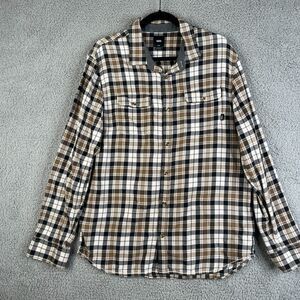 Vans Flannel Button Up Shirt Mens Large Plaid Brown Long Sleeve Pocket Surf